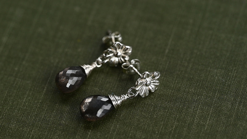 Black moonstone flower studs