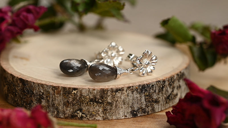 Black moonstone flower studs