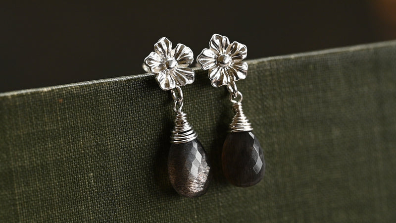 Black moonstone flower studs