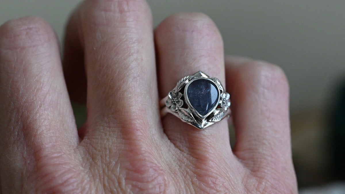 Dumortierite quartz forget-me-not ring - size 6.5
